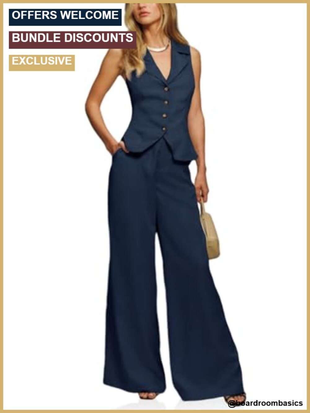 Womens Vest Set Button Crop Blazer Vest & Wide Leg Pant Suit 2 Piece